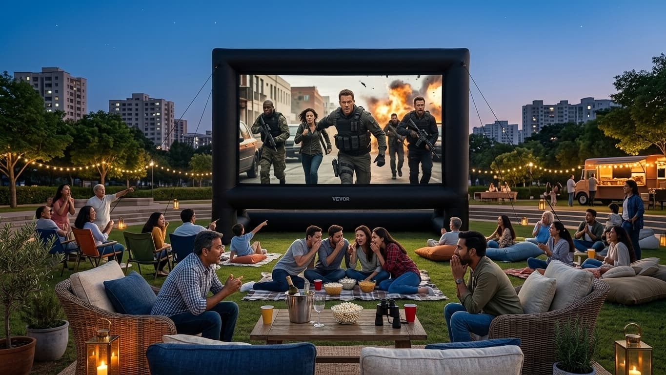 Community outdoor movie screening on an inflatable screen