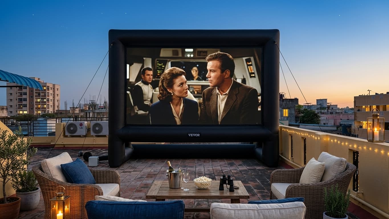 Inflatable outdoor cinema screen on a rooftop at dusk