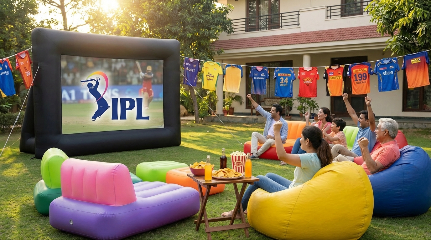 Family and friends enjoying a daytime IPL screening in a backyard setup.